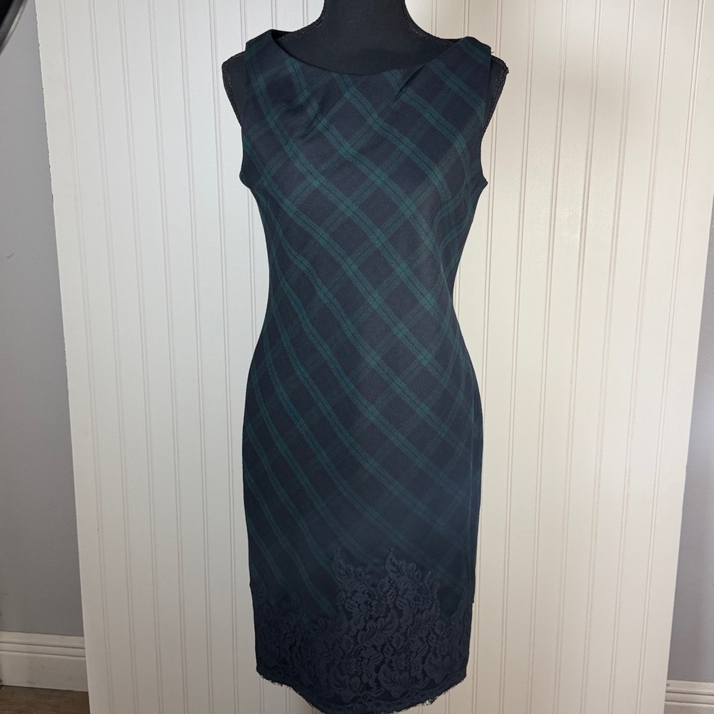 TALBOTS Tartan Green Plaid Wool Lace Hem Lined Sheath Dress Size 4